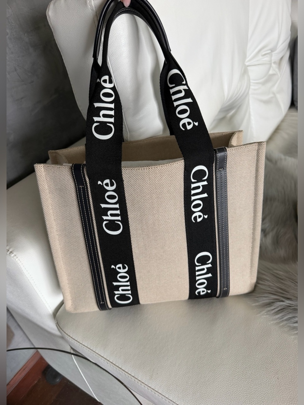 Chloe Woody Logo Cream Black Leather Canvas Tote Bag